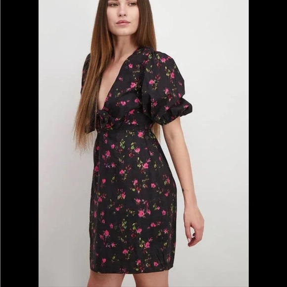 Pam & Gela Neon Ditsy Dress‎ Tie Front Puff Sleeve Mini sz P - Picture 3 of 16